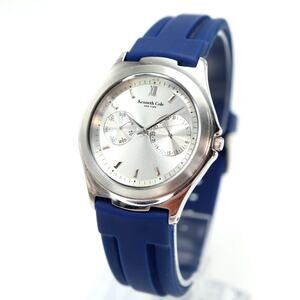 Kenneth Cole NY Mens Day Date Watch 37mm Silver Tone Blue Silicone w New Battery